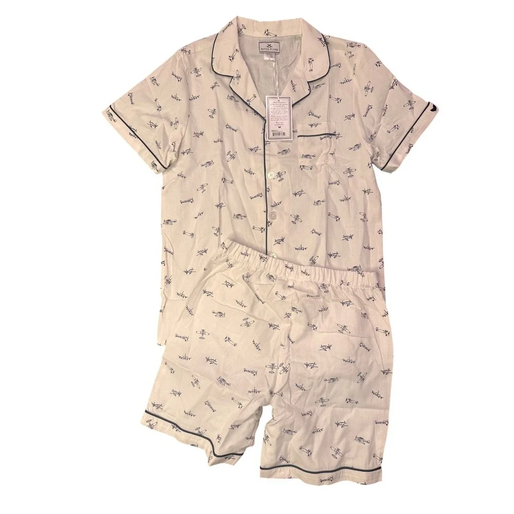 Petite Plume Boys Par Avion Short Pajama Set White Airplane‎ Print Size 12 NWT
